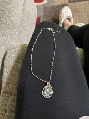 Silver Teardrop Pendant Necklace with Turquoise Accent
